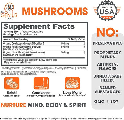Genius Mushroom Supplement - Lions Mane, Cordyceps, Reishi - Brain Nootropic for Energy, Focus, Overall Wellness, & Immune Support - 90 Capsules