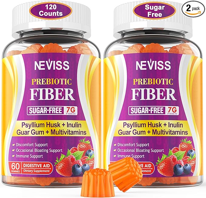 Prebiotic Fiber Gummies for Adults 7G with Psyllium Husk Fiber , Soluble Fiber + Insoluble Fiber, Inulin, Fos, Multivitamin Supplement for Daily Digestive Health, Regularity Gut, Sugar Free, Pack of 2