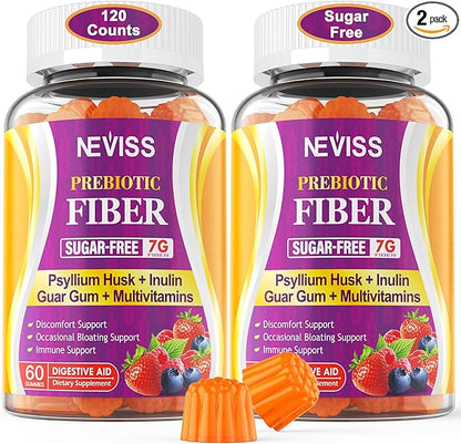 Prebiotic Fiber Gummies for Adults 7G with Psyllium Husk Fiber , Soluble Fiber + Insoluble Fiber, Inulin, Fos, Multivitamin Supplement for Daily Digestive Health, Regularity Gut, Sugar Free, Pack of 2
