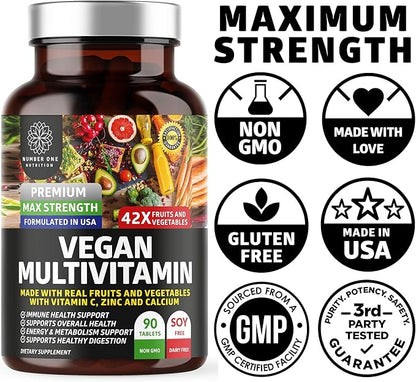 N1N Premium Plant Based Multivitamin [42 Powerful Ingredients] Men & Women Daily Multivitamins with Raw Veggies and Fruits, Probiotics, Alfalfa, Echinacea, Spirulina and Digestive Enzymes, 90 Tablets