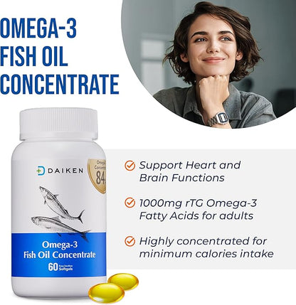 DAIKEN rTG Omega 3 1000mg, High Absorption & Burpless Fish Oil 1200 mg, Mini Fish Oil Softgels for Healthy Heart, Brain and Dry Eyes Support, 60 Small Softgels