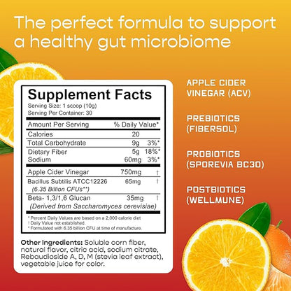 Gut Health Tribiotic Drink Mix - Postbiotics, Prebiotics and Probiotics - High Fiber - Gut Health for Men & Gut Health for Women - Probiotics for Women & Probiotics for Men - 30 Servings Tangerine