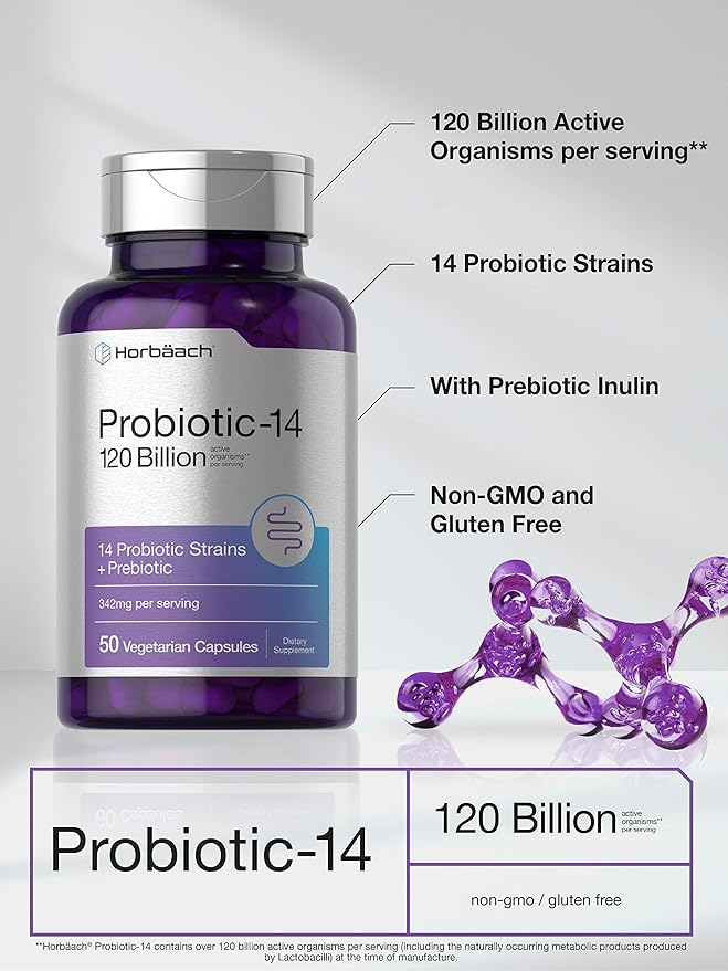 Horbäach Probiotics 120 Billion CFU | 14 Strains with Prebiotics | for Women & Men | 50 Capsules | Vegetarian, Non-GMO & Gluten Free Supplement