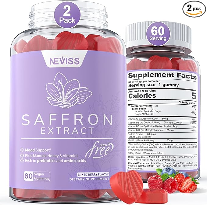 Sugar Free Saffron Gummies - Saffron Supplement Gummies 100% Pure Saffron Extract Whole Herb Gummies with Honey for Mood & Power, Vitamin B6, B12, D3, C - Organic, Vegan, Mixed Berry Flavor - 120Cts