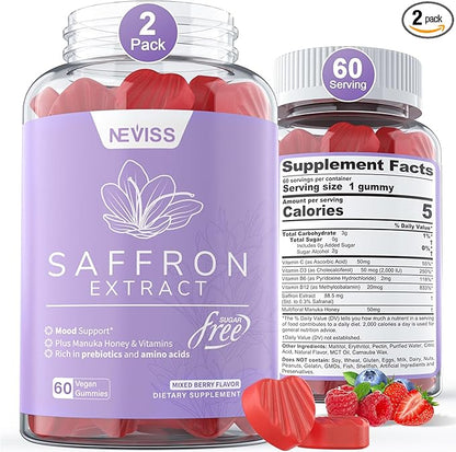 Sugar Free Saffron Gummies - Saffron Supplement Gummies 100% Pure Saffron Extract Whole Herb Gummies with Honey for Mood & Power, Vitamin B6, B12, D3, C - Organic, Vegan, Mixed Berry Flavor - 120Cts