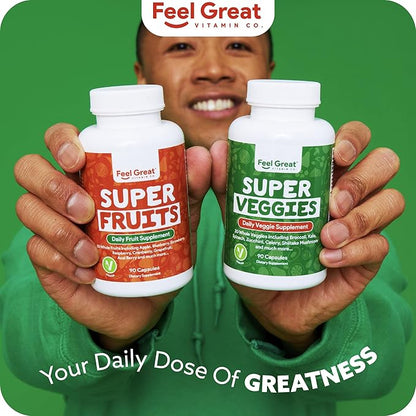 Feel Great Fruit and Vegetable Supplements | 20+ Super Reds & Greens for Natural Energy Support | Vegan Fruit and Veggie Vitamins | 2 Pack of 90 Count Each
