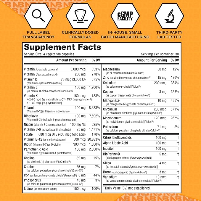 NutraBio Multisport for Men - Mens MultiVitamin - 33 Vitamins, Minerals, Micronutrients - Rich in Antioxidants - Supports Peak Athletic Performance, Energy, Metabolism (120 Vegetable Capsules)