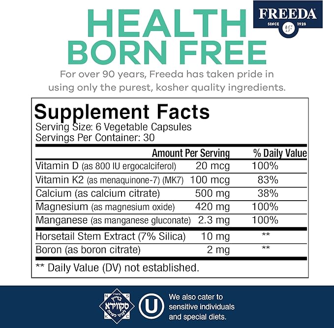 FREEDA Calcium Complex - Kosher Calcium Citrate Supplement with Magnesium and Vitamin D, K2 - Bone Health & Joint Support for Women & Men (180 Capsules) - Suitable for All, SCD Compliant