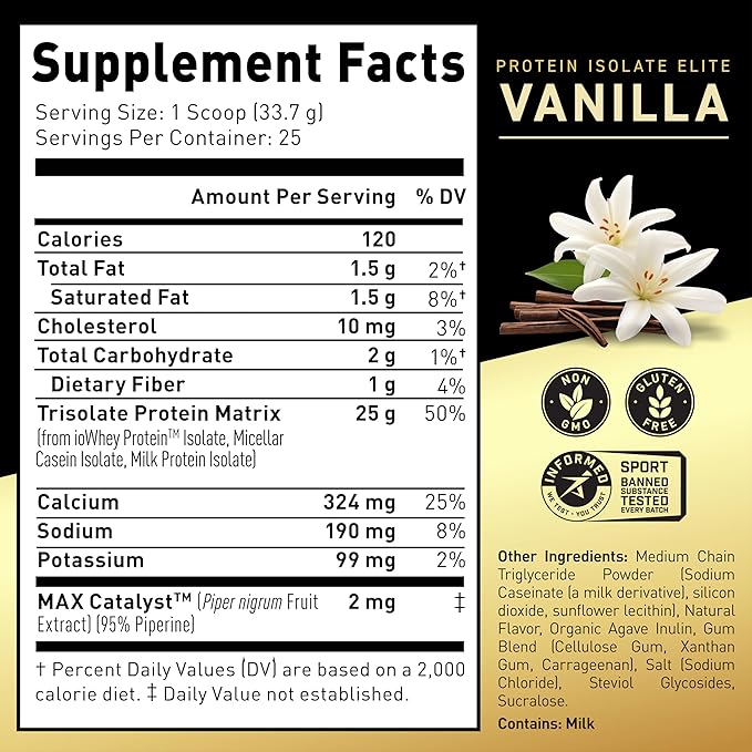 Kaged Protein Powder Elite: 100% Isolate Blend Whey, Casein, and Milk Protein Blend for Recovery and Muscle Building | Vanilla | 2lbs