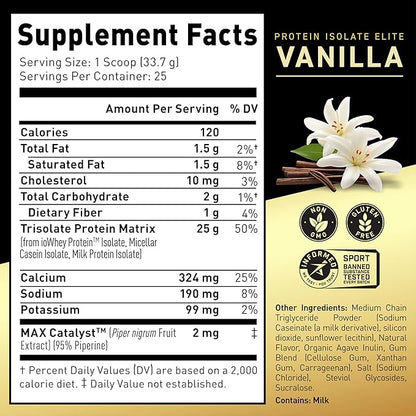 Kaged Protein Powder Elite: 100% Isolate Blend Whey, Casein, and Milk Protein Blend for Recovery and Muscle Building | Vanilla | 2lbs