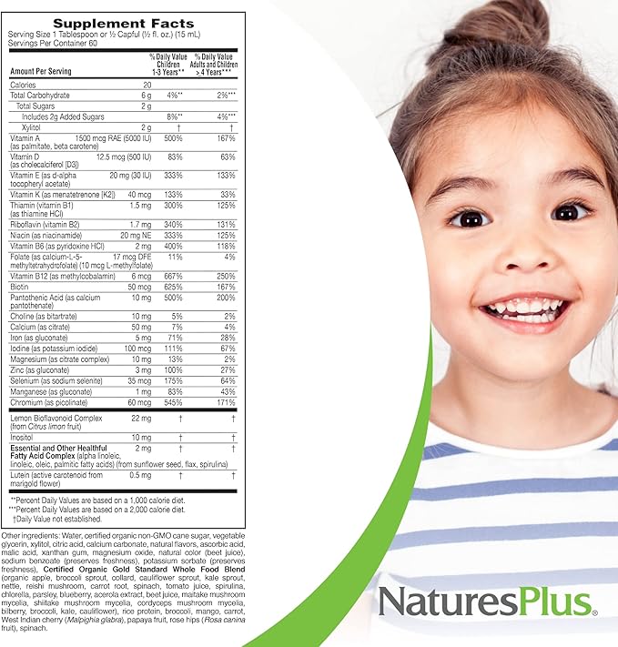 NaturesPlus Animal Parade Source of Life Gold Children's Liquid Multivitamin, 30 OZ - Natural Tropical Berry Flavor - Immune Support Supplement - Organic Whole Foods, Gluten-Free, Vegan - 60 Servings
