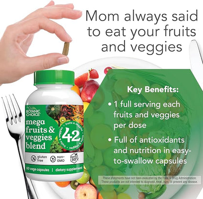 Botanic Choice Mega Fruits and Veggies Blend - 42 Fruit & Vegetable Superfood Capsules - Elderberry, Chlorella, Kale - Supplements - 60 Capsules