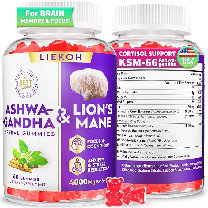 Ashwagandha Gummies - Cortisol Supplements for Women & Men - Lions Mane Gummies for Adults| Cortisol, Cognitive & Immune Support| 4000MG Ashwagandha Gummies, Berry Flavor - 60 Organic Mushroom Gummies