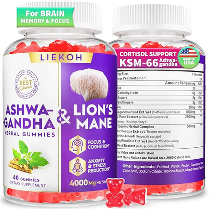 Ashwagandha Gummies - Cortisol Supplements for Women & Men - Lions Mane Gummies for Adults| Cortisol, Cognitive & Immune Support| 4000MG Ashwagandha Gummies, Berry Flavor - 60 Organic Mushroom Gummies