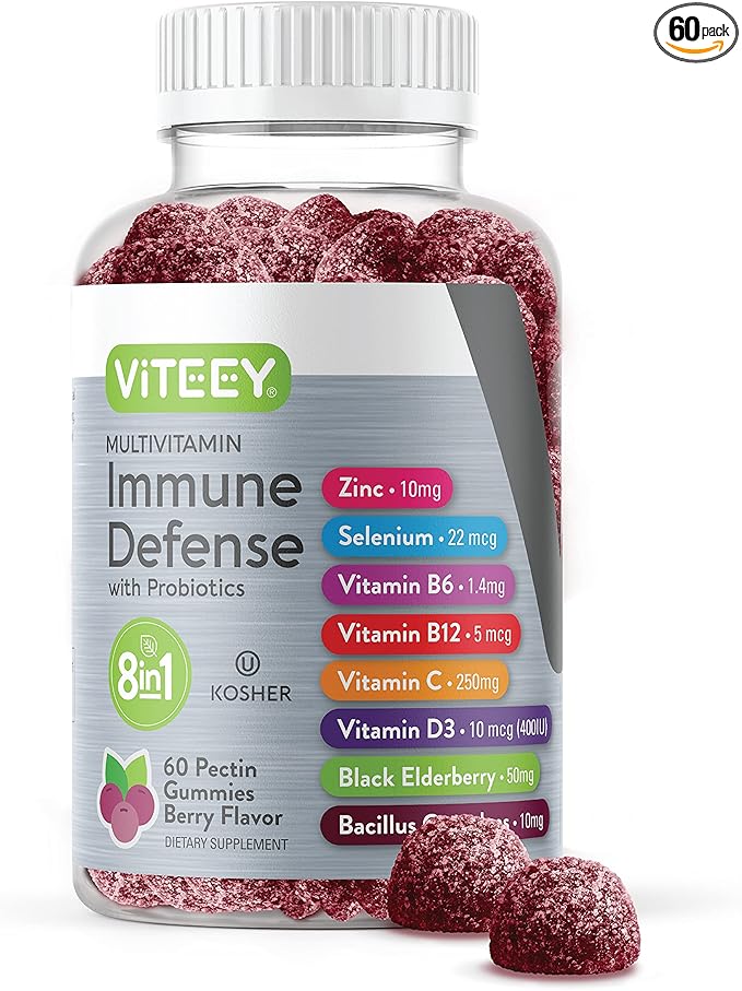 Multivitamin Gummies 8 in 1 Immune Support Supplement with Probiotics - Immune Boosters for Adults & Teens - Vegetarian, Gelatin Free, GMO Free - Chewable Berry Flavored Pectin Immune Defense Gummy