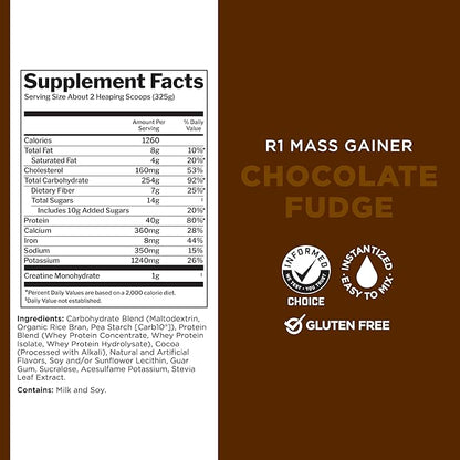 Rule One Proteins, Mass Gainer- Chocolate Fudge, High-Calorie Weight Gain Formula with 1,220+ Calories, 250g+ Complex Carb Blend, 40g All-Whey Protein, 8g of Fat Per Serving, 12 Pounds, 16 Servings