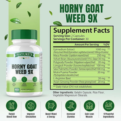 Nature's Choice - Horny Goat Weed 9x Active Ingredients for Blood Flow, Hormone Balance, Energy & Stamina - L-Arginine, Longjack, Saw Palmetto + 6 More Ingredients - 3rd Party Tested - 60 Capsules