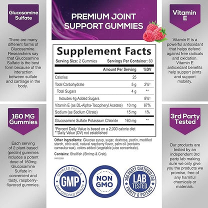 Joint Support Gummies Glucosamine Plus Vitamin E - Nature's Joint Support Supplement for Occasional Discomfort for Back, Knees & Hands - Cartilage & Joint Health & Flexibility Support - 120 Gummies