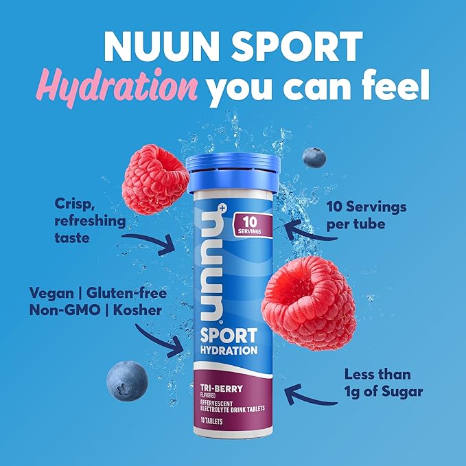Nuun Sport Electrolyte Tablets - Dissolvable in Water, Tri Berry, 5 Essential Electrolytes for Hydration, 1g Sugar Drink Mix, Vegan, Non-GMO, 8 Pack (80 Total Servings)