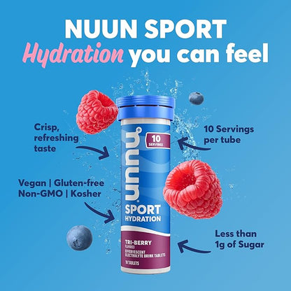 Nuun Sport Electrolyte Tablets - Dissolvable in Water, Tri Berry, 5 Essential Electrolytes for Hydration, 1g Sugar Drink Mix, Vegan, Non-GMO, 8 Pack (80 Total Servings)
