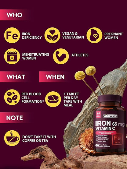 Iron Supplement for Women Men, High Potency Iron 65mg with Vitamin C 250mg, Slow Release Stomach Friendly Iron Pills for Red Blood Cell & Immune Support, Non-GMO, Gluten Free, 60 Vegan Tabs