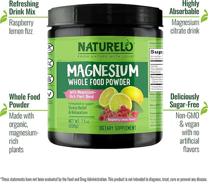 NATURELO Magnesium Powder - Whole Food Calm Magnesium Powder with Quinoa, Cauliflower, & Flaxseed for Stress Relief, Raspberry Lemon 40 Servings, 7oz