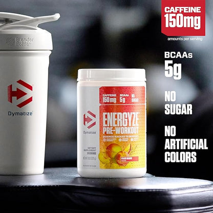 Dymatize Energyze Pre Workout Powder for Men and Women, Peach Mango Flavor, 150mg Caffeine, 5g BCAAs, Performance Blend of L-Theanine, L-Tyrosine, L-Citrulline, No Sugar, 30 Servings