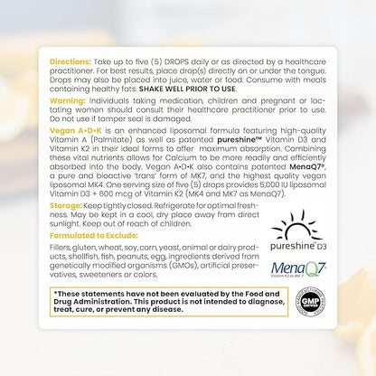 Pure Therapro Rx Vegan A-D-K Drops - 3 Month Supply - Vitamin A (Palmitate), Liposomal Vitamin D3 (Pureshine), Liposomal Vitamin K2 (MK-4 & MK-7) Supports Immunity & Bone Health - 10 mL