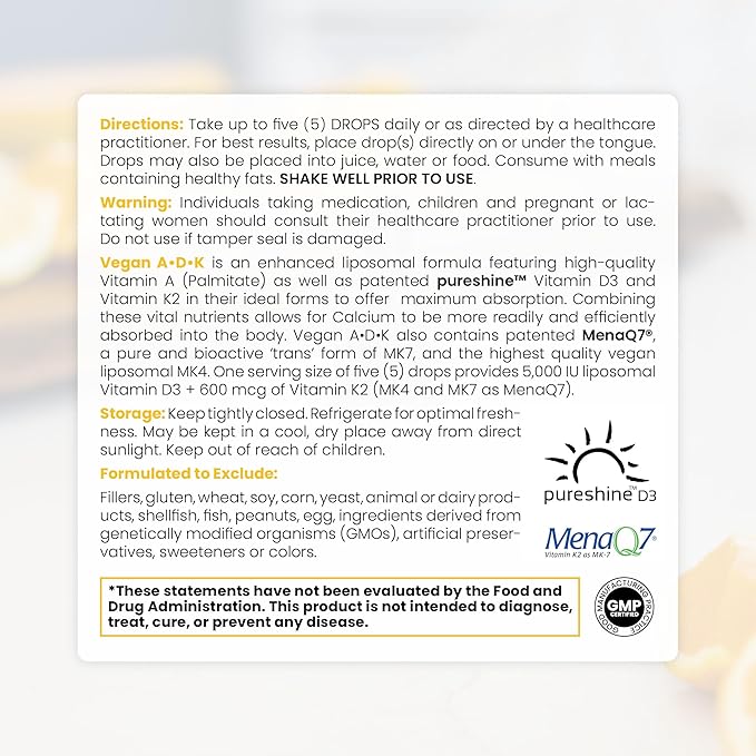 Pure TheraPro Rx Vegan A-D-K Drops-6 Mon Supply-Vitamin A(Palmitate & Betacarotene),Liposomal Vitamin D3(as vegan cholecalciferol),Liposomal Vitamin K2(MK-4 & MK-7)Supports Immunity & Bone Health-20mL