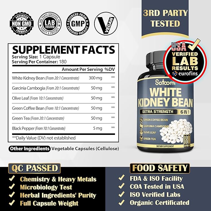 Satoomi 6in1 White Kidney Bean Extract Capsules - 6 Month Supply - Extra Blend with Olive Leaf, Green Coffee Bean & Green Tea - 180 Counts