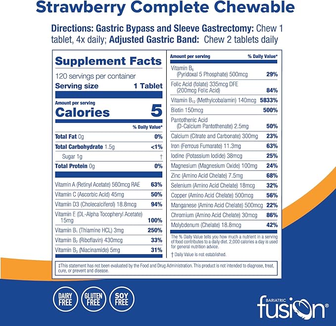 Bariatric Fusion Strawberry Complete Chewable Bariatric Multivitamin with Iron for Bariatric Surgery Patients Including Gastric Bypass and Sleeve Gastrectomy - 120 Tablets