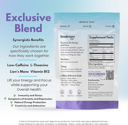 Energy and Focus Gummies - L-Theanine Caffeine, Lions Mane, Vitamin B12 - Low Sugar, Vegan Energy Chews + Brain Supplements for Memory and Focus - Blue Raspberry Flavor, 15 Servings