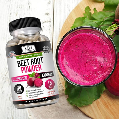 Kaya Naturals Premium Organic Beet Root Powder Supplements - Promotes Healthy Circulation and Nitric Oxide Flow - Non-GMO and Gluten Free - 30 Count