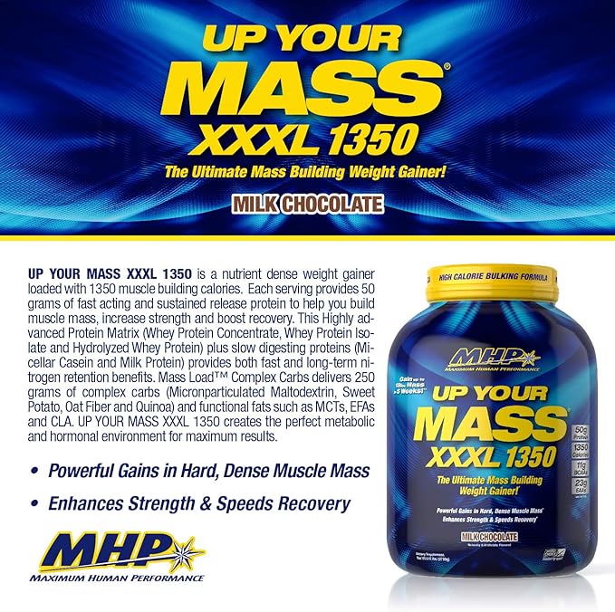 Maximum Human Performance MHP UYM XXXL 1350 Mass Building Weight Gainer, Muscle Mass Gains, w/50g Protein, High Calorie, 11g BCAAs, Leucine, Milk Chocolate, 8 Servings