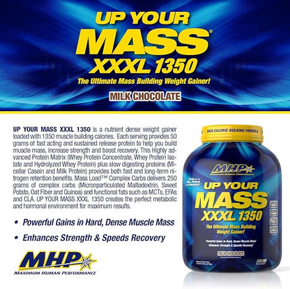 Maximum Human Performance MHP UYM XXXL 1350 Mass Building Weight Gainer, Muscle Mass Gains, w/50g Protein, High Calorie, 11g BCAAs, Leucine, Milk Chocolate, 8 Servings