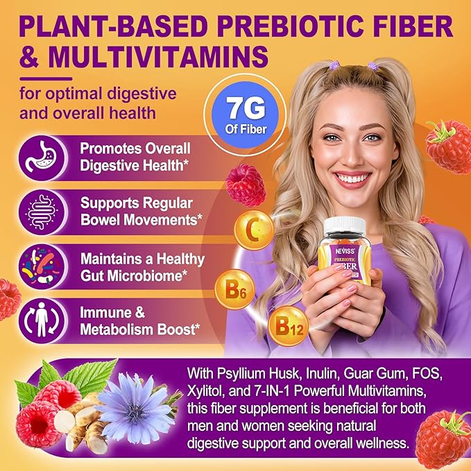 Prebiotic Fiber Gummies for Adults 7G with Psyllium Husk Fiber , Soluble Fiber + Insoluble Fiber, Inulin, Fos, Multivitamin Supplement for Daily Digestive Health, Regularity Gut, Sugar Free, Pack of 2