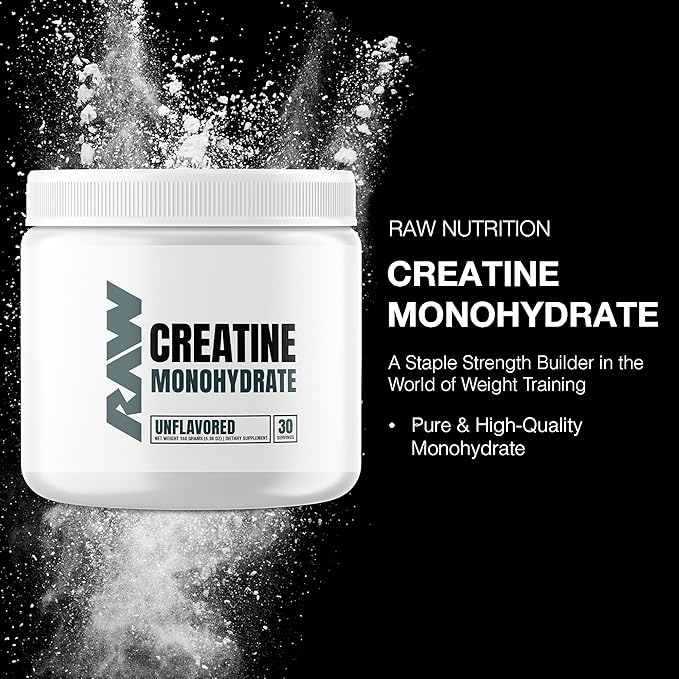 RAW Nutrition Creatine Monohydrate Powder, Unflavored (30 Servings) - Micronized Creatine Monohydrate Supplement for Workout Performance, Build Muscle & Strength - Creatine Powder for Men & Women