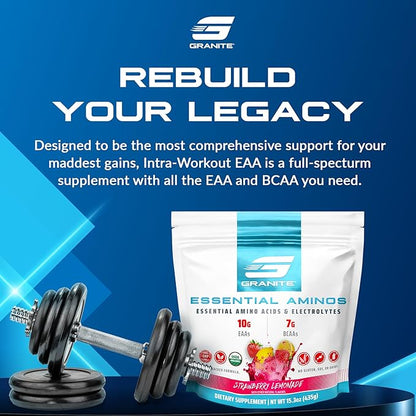 Granite 10g Essential Amino Acids Powder | Muscle Recovery Supplement for Muscle Growth | 7g BCAA Powder with Electrolytes | 30 Servings | Strawberry Lemonade Flavor | Soy & Gluten Free | Made in USA
