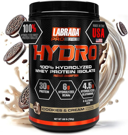 Labrada Hydro 100% Pure Hydrolyzed Whey Protein Isolate Powder, Lactose free, 6g BCAA’s, 4.5g Glutamine, Fastest Digesting Whey Available, Instant Mixing, Delicious Taste 20 Servings (Cookies & Cream)