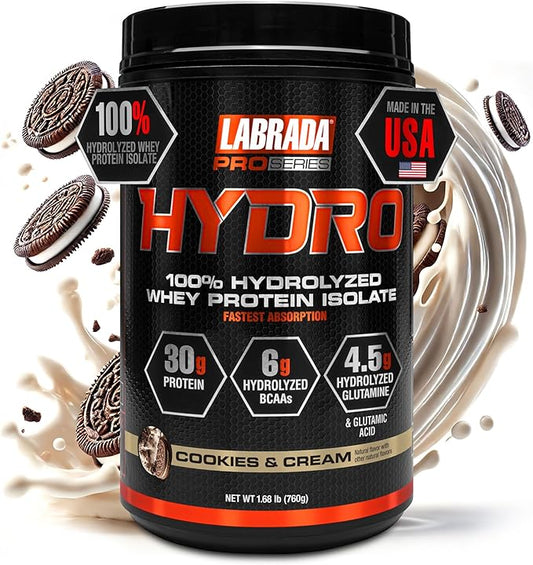Labrada Hydro 100% Pure Hydrolyzed Whey Protein Isolate Powder, Lactose free, 6g BCAA’s, 4.5g Glutamine, Fastest Digesting Whey Available, Instant Mixing, Delicious Taste 20 Servings (Cookies & Cream)