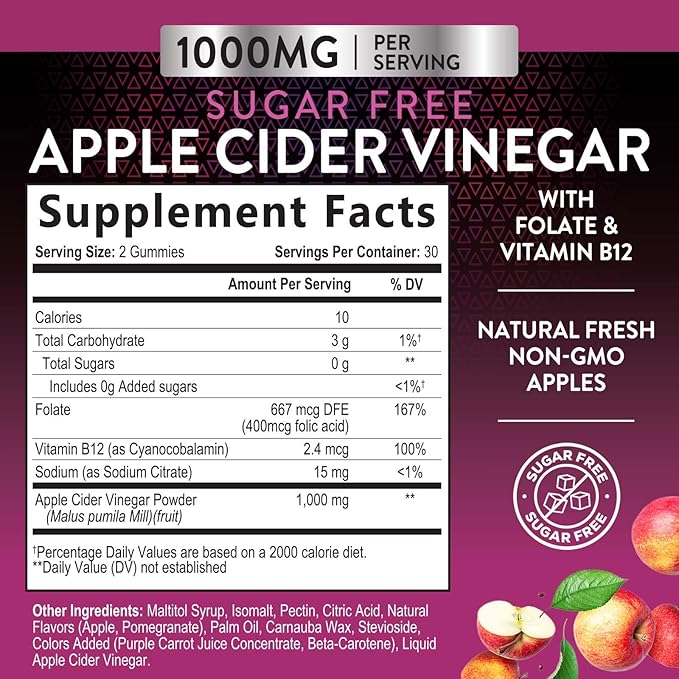 Nature's Nutrition Apple Vinegar Gummy for Weight Loss 1000mg - Vegan Apple Cider Vinegar Gummies for Detox & Cleanse, ACV Supplement Pills, Vitamin B12, Sugar Free ACV Gummy, Non-GMO - 60 Gummies