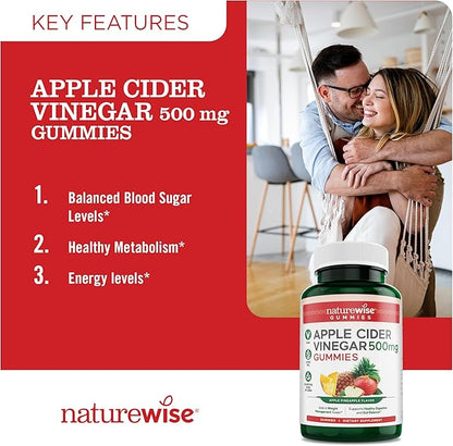NatureWise Apple Cider Vinegar Gummies - 500mg ACV Gummies with Vitamin B12 - Apple-Pineapple Flavor - Support for Energy & Gut Health - Vegan, Gluten-Free, Non-GMO - 60 Gummies[2-Month Supply]