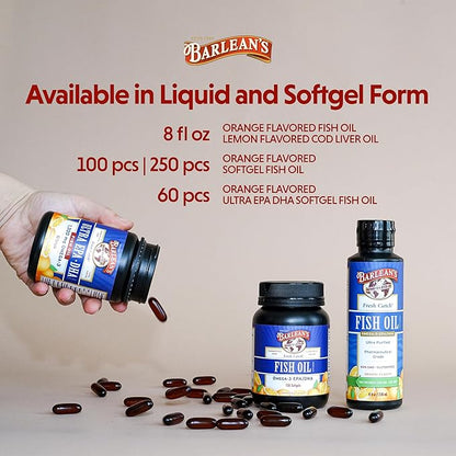 Barlean's Fish Oil Omega 3 Supplement, EPA & DHA Fatty Acid Softgels for Joint, Brain, & Heart Health, 1000mg Orange Flavored Fish Oil Pills, 100 Count