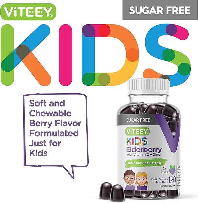 Sambucus Elderberry Gummies for Kids - Sugar Free - Immune Support Supplements with Vitamin C & Zinc, [3-1 Immune Booster] Vegan, Gelatin Free, Gluten Free - Tasty Chewable Berry Flavored Gummy