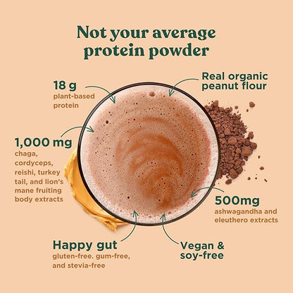 Four Sigmatic Organic Plant-Based Protein Powder Peanut Butter Protein with Lion’s Mane, Chaga, Cordyceps and More | Clean Vegan Protein Elevated for Brain Function and Immune Support | 21.16 oz