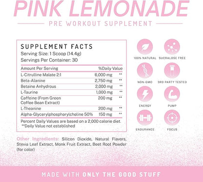 PWDRS Pre-Workout Powder, All Natural Pre Workout for Energy, Pump, Endurance & Strength, with Caffeine (Pink Lemonade)