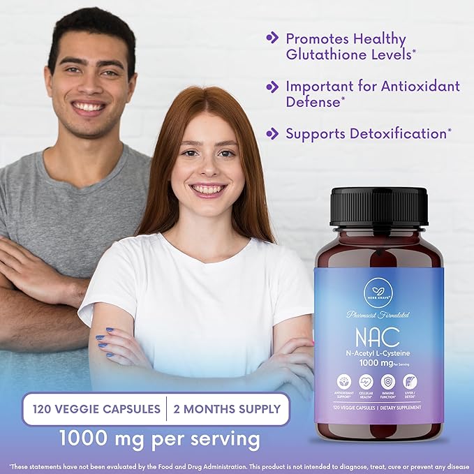 NAC Supplement N-Acetyl Cysteine 1000 mg, Amino Acid, Natural Antioxidant, Support for Liver, Lung, Immune System, Fertility | 120 N-Acetyl-L-Cysteine Capsule