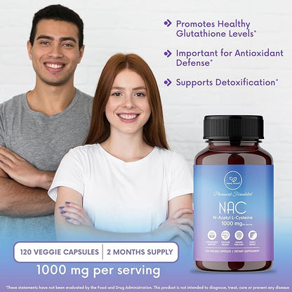 NAC Supplement N-Acetyl Cysteine 1000 mg, Amino Acid, Natural Antioxidant, Support for Liver, Lung, Immune System, Fertility | 120 N-Acetyl-L-Cysteine Capsule