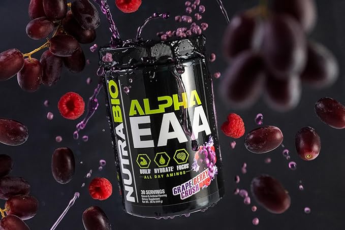 NutraBio Alpha EAA - All-Day Aminos - Recovery, Energy, Focus, and Hydration Supplement - Full Spectrum EAA BCAA Matrix, Electrolytes, Nootropics, Coconut Water - 30 Servings - Grape Berry Crush