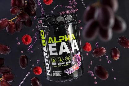NutraBio Alpha EAA - All-Day Aminos - Recovery, Energy, Focus, and Hydration Supplement - Full Spectrum EAA BCAA Matrix, Electrolytes, Nootropics, Coconut Water - 30 Servings - Grape Berry Crush